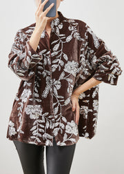 Khaki Silk Velour Shirt Tops Stand Collar Leaf Sequins Spring