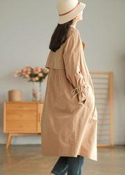 Khaki Solid Color Cotton Trench Coats Oversized Notched Fall