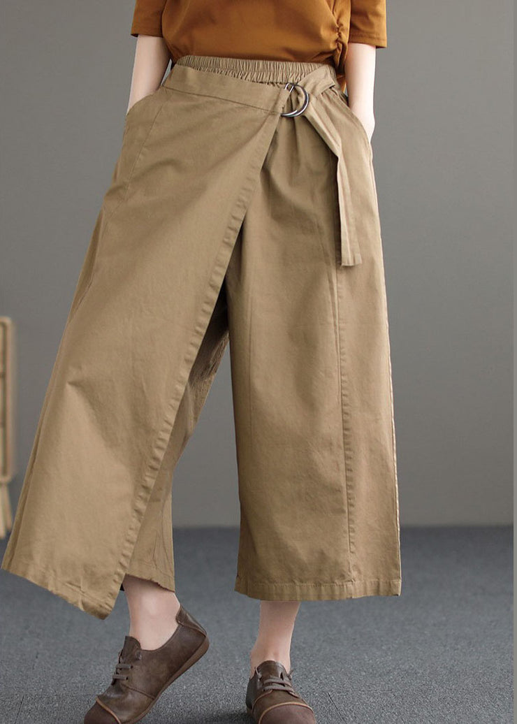 Khakifarbene Hose aus fester Baumwolle mit weitem Bein, elastischer Bund, asymmetrischer Sommer