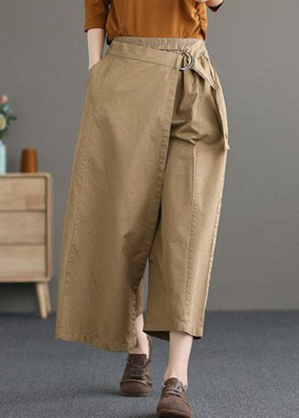 Khakifarbene Hose aus fester Baumwolle mit weitem Bein, elastischer Bund, asymmetrischer Sommer