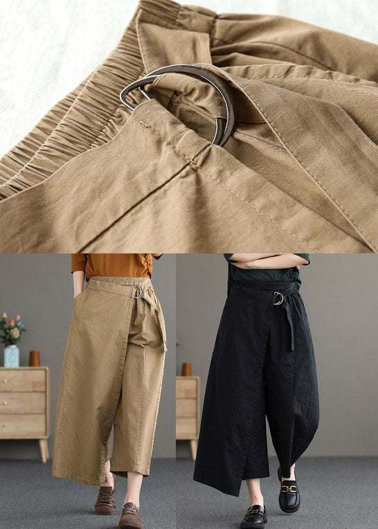 Khaki Solid Cotton Wide Leg Pants Elastic Waist Asymmetrical Summer