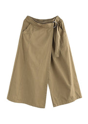 Khaki Solid Cotton Wide Leg Pants Elastic Waist Asymmetrical Summer