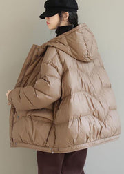 Khaki Solid Duck Down Puffer Jacket Hooded Pockets Winter