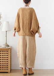 Khakifarbenes, lockeres Pullover-Sweatshirt aus festem Leinen mit Fledermausärmeln
