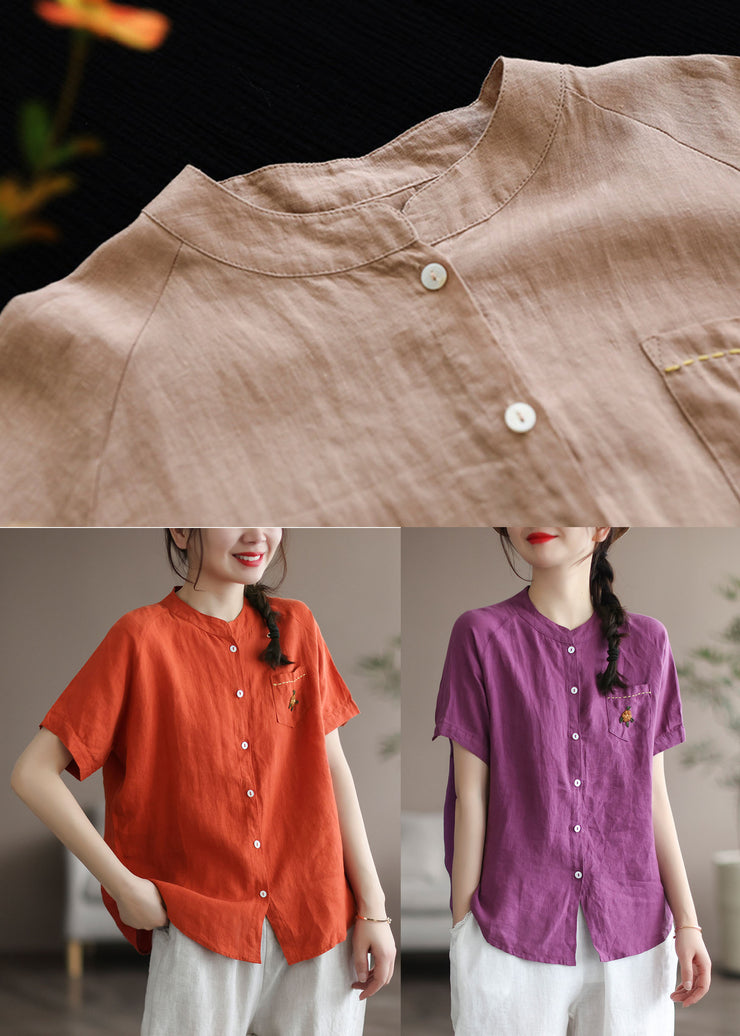 Khaki Solid Loose Linen Shirt Top Embroidered Button Short Sleeve