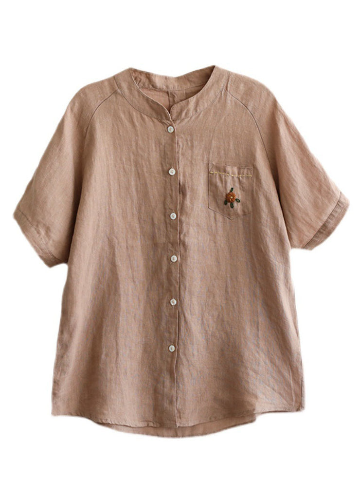 Khaki Solid Loose Linen Shirt Top Embroidered Button Short Sleeve