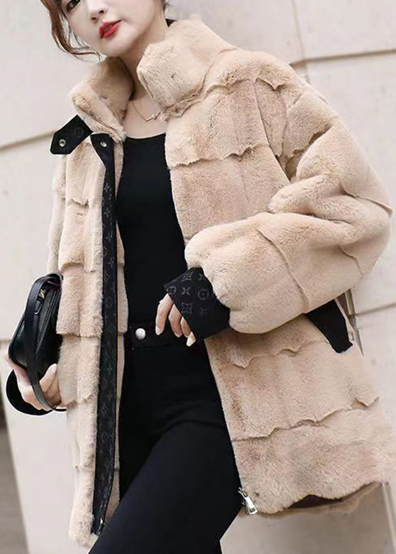 Khaki Stand Collar Zippered Mink Velvet Coat Winter