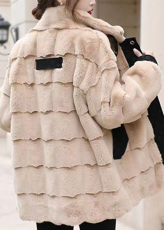 Khaki Stand Collar Zippered Mink Velvet Coat Winter
