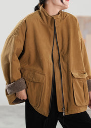 Khaki Stand Collar Zippered Pockets Coats Winter