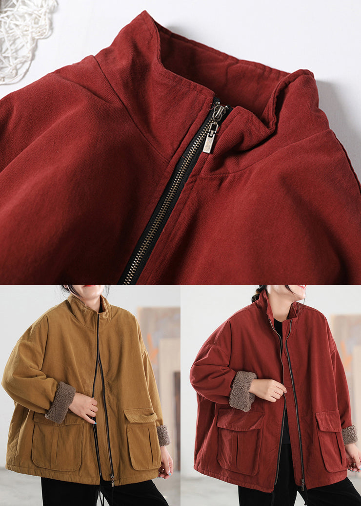 Khaki Stand Collar Zippered Pockets Coats Winter