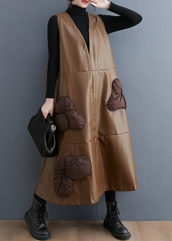 Khaki Stereoscopic Floral Faux Leather Maxi Dresses V Neck Sleeveless