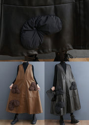 Khaki Stereoscopic Floral Faux Leather Maxi Dresses V Neck Sleeveless