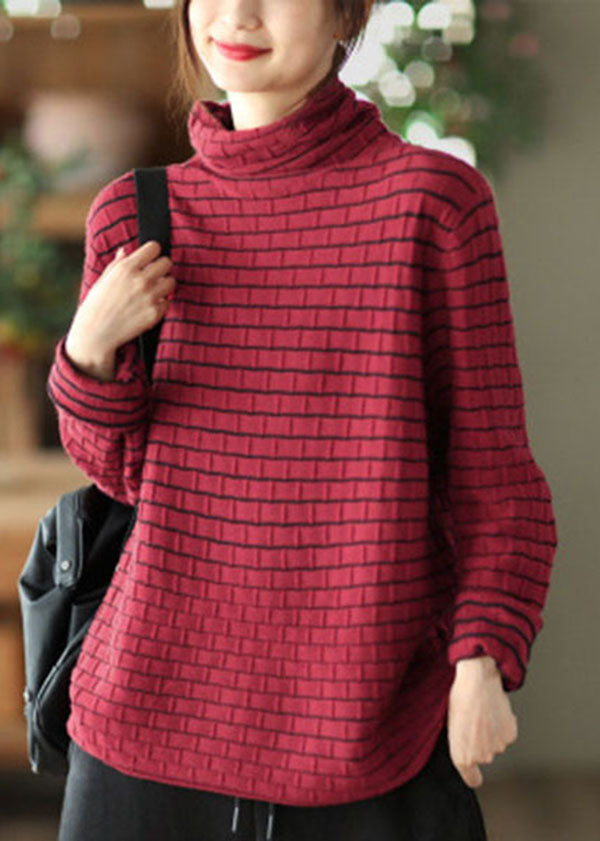 Khaki Striped Knit Sweater Tops Turtle Neck Oversized Winter