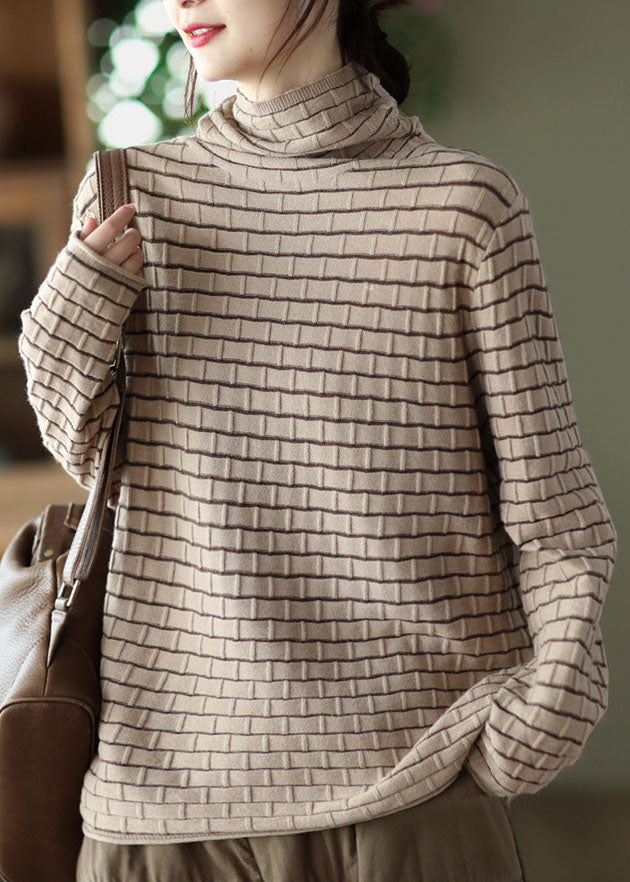 Khaki Striped Knit Sweater Tops Turtle Neck Oversized Winter