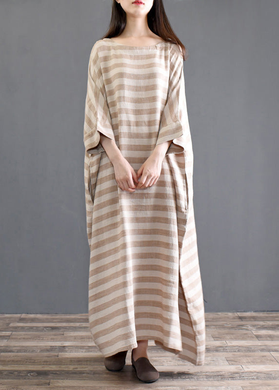 Khaki Striped Patchwork Oversized Cotton Long Dresses O-Neck Half Sleeve