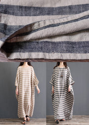Khaki Striped Patchwork Oversized Cotton Long Dresses O-Neck Half Sleeve