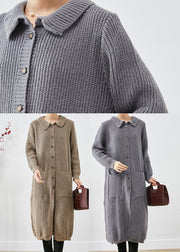 Khaki Thick Knit Trench Coats Oversized Pockets Fall