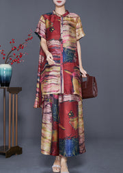 Khaki Tie Dye Silk Two Pieces Set Low High Design Summer
