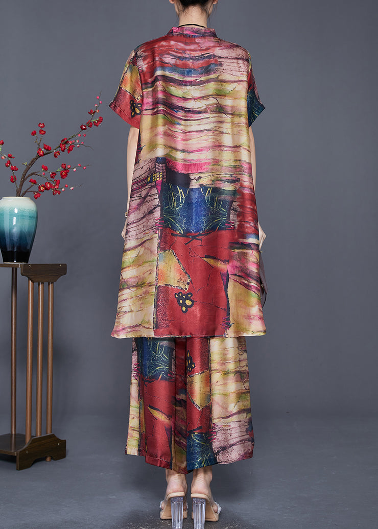 Khaki Tie Dye Silk Two Pieces Set Low High Design Summer