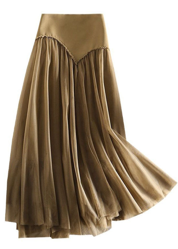 Khaki Tulle Skirt High Waist Asymmetrical Design Spring