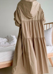 Khaki Wrinkled Cotton Dresses Oversized Exra Large Hem Lantern Sleeve