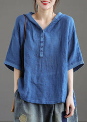 Khaki hooded Patchwork Summer Linen Blouses - SooLinen
