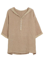 Khaki hooded Patchwork Summer Linen Blouses - SooLinen