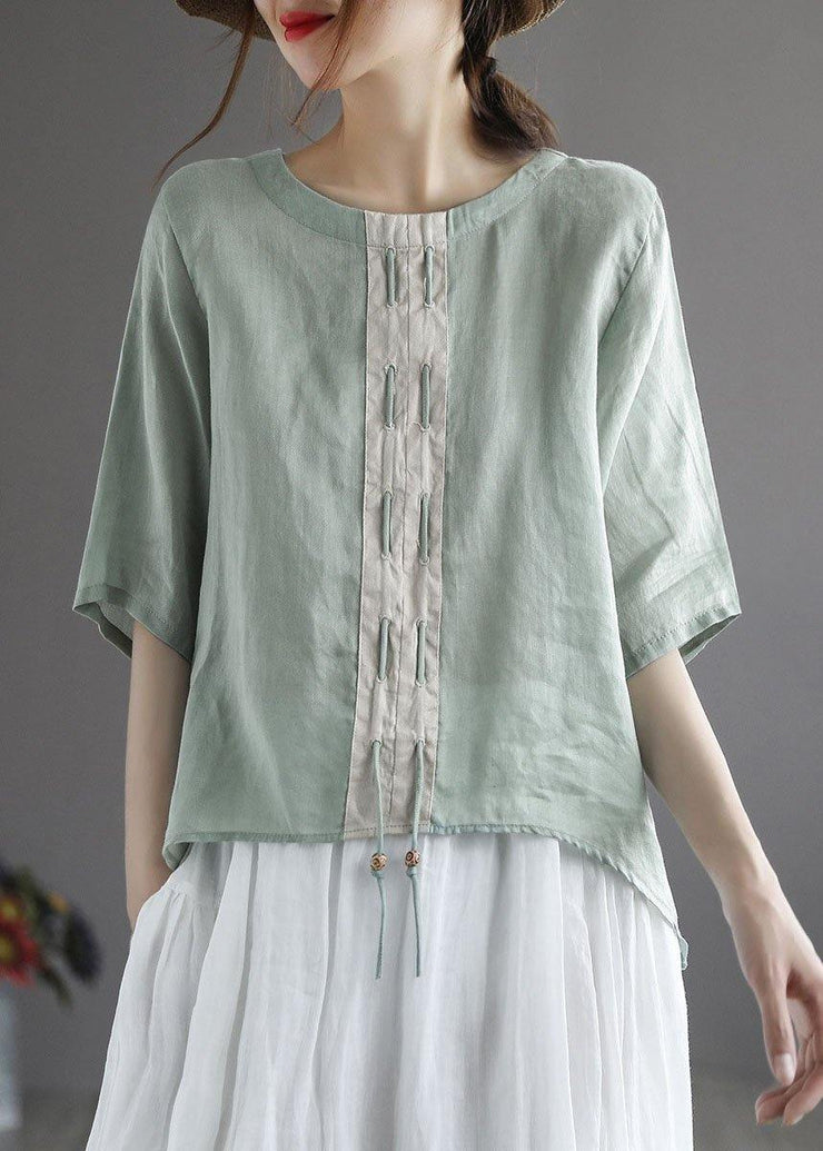 Khaki low high design Design Patchwork Summer Linen Shirt Tops - SooLinen