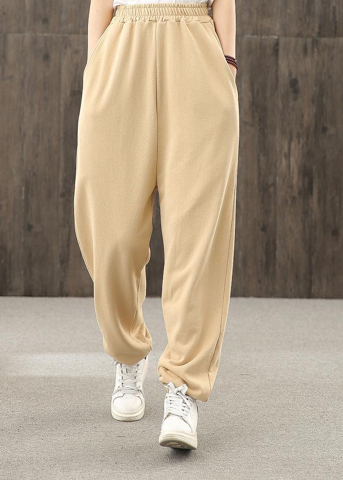Khaki pockets decoration elastic waist casual pants loose harem pants - SooLinen