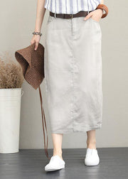 Khaki ramie mid-length skirt with elastic waist - SooLinen