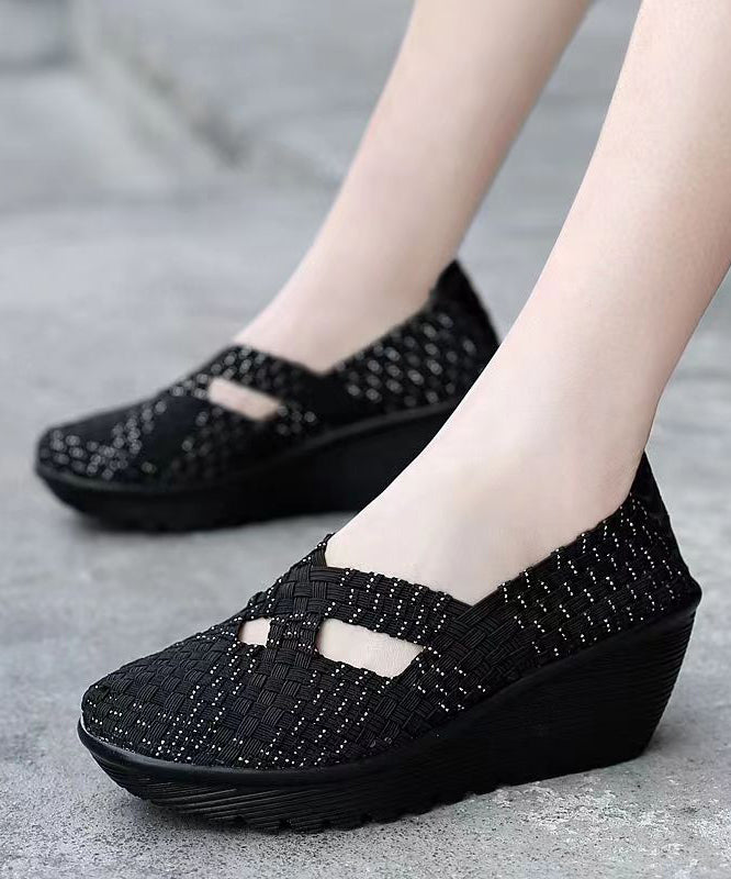 Knit Fabric Black Handmade Comfortable Splicing Wedge Heels
