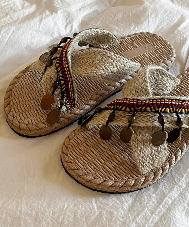 Knit Fabric Boho Splicing Tassel Peep Toe Slide Sandals