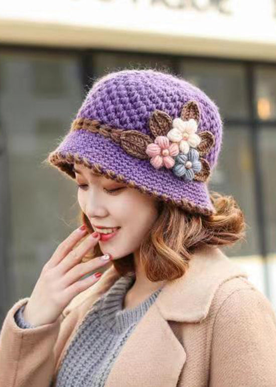 Knitted Women Autumn And Winter Classic Flower Plush Bucket Hat
