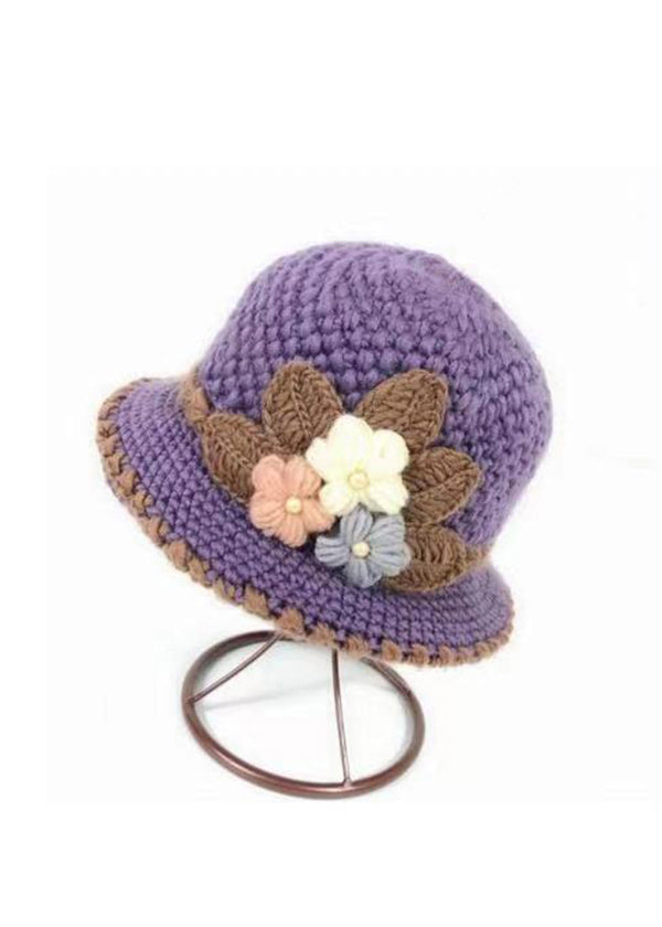 Knitted Women Autumn And Winter Classic Flower Plush Bucket Hat