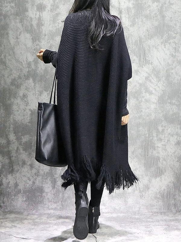 Knitted black Sweater dress outfit DIY o neck tassel Mujer sweater dress - SooLinen