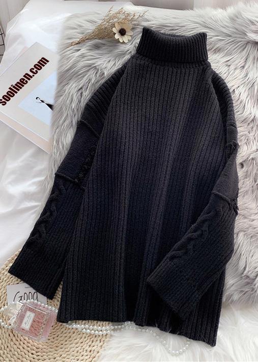 Knitted black wild Sweater outfits Design warm oversized high neck knit tops - SooLinen