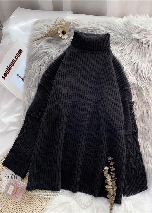 Knitted black wild Sweater outfits Design warm oversized high neck knit tops - SooLinen