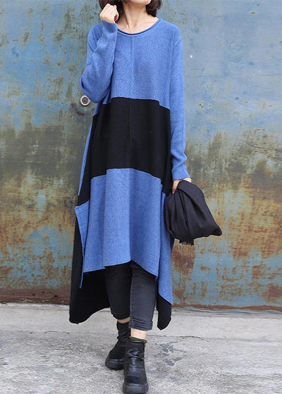 Knitted blue Sweater dress outfit DIY side open baggy low high design knit dress - SooLinen