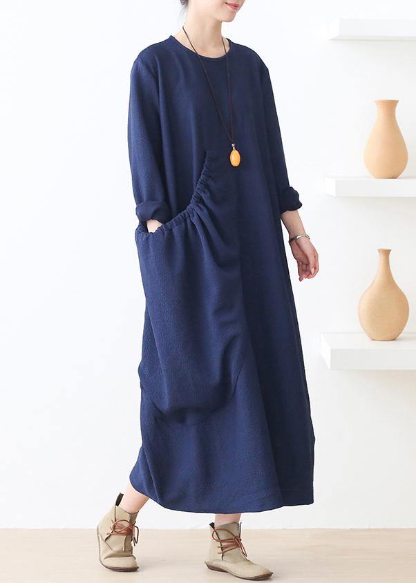 Knitted blue Sweater dress outfit plus size o neck pockets Mujer fall sweater dresses - SooLinen