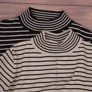 Knitted high neck Sweater weather plus size black striped baggy knitwear - SooLinen