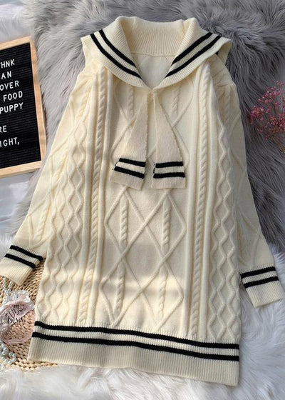 Knitted high neck patchwork Sweater fall dresses plus size beige daily sweater dresses - SooLinen
