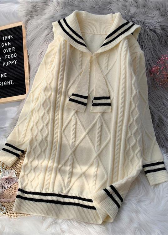 Knitted high neck patchwork Sweater fall dresses plus size beige daily sweater dresses - SooLinen