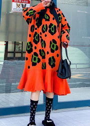 Knitted o neck Ruffles Sweater outfits plus size orange print knitted dress - SooLinen