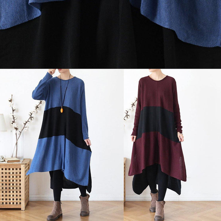 Knitted o neck patchwork Sweater fall weather Quotes blue tunic knitwear - SooLinen