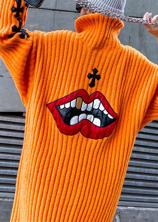 Knitted orange Sweater weather Street Style Appliques Tejidos high neck sweater dresses - SooLinen