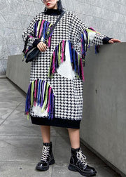 Knitted plaid Sweater dresses Design tassel oversized high neck sweater dresses - SooLinen