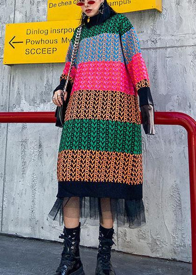 Knitted rainbow Sweater dress outfit Beautiful o neck spring sweater dress - SooLinen