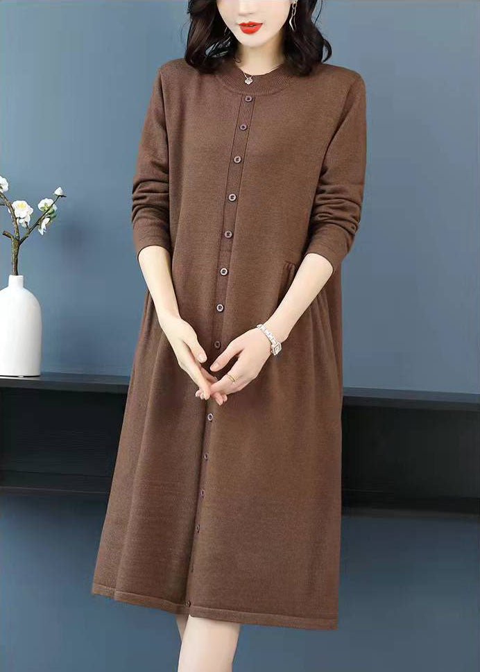 Knitted chocolate Sweater weather Largo high neck Button DIY knitted dress