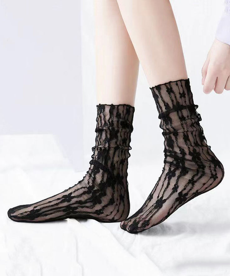 Korean Version Hollowed Out Lace Striped Flower Mesh Pile Socks