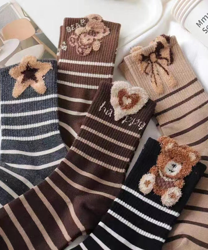 Korean Version Plush Teddy Bear Striped Pure Cotton Mid Calf Socks